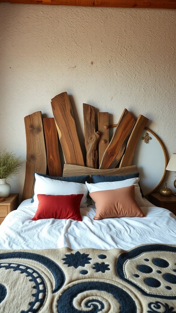 A cozy bedroom featuring a salvaged wood headboard with colorful pillows on the bed.