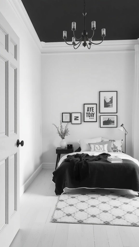 A stylish monochrome bedroom featuring a black and white color scheme with a chandelier and minimalist decor.