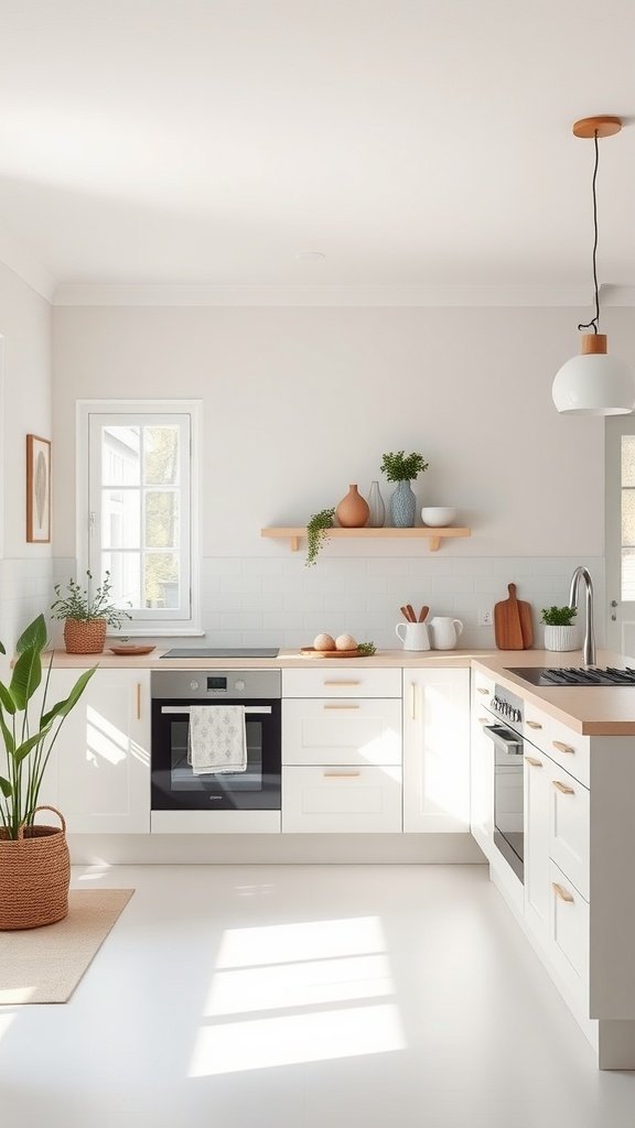 A bright Scandinavian kitchen featuring light-colored cabinets, natural wood accents, and warm sunlight.