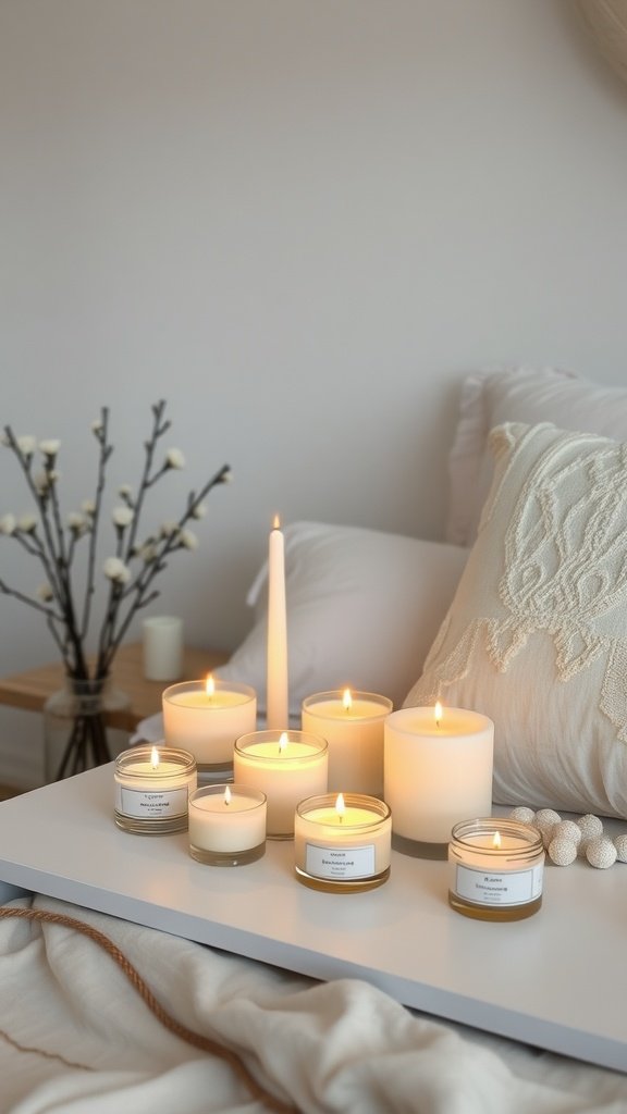 A collection of lit scented candles on a bedside table, creating a warm and inviting atmosphere.