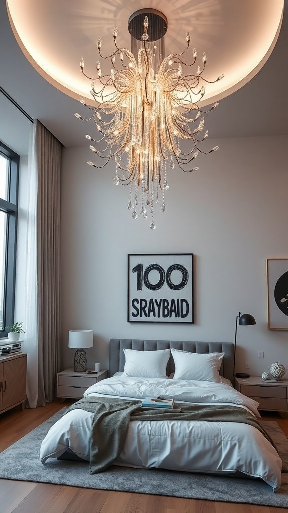 A luxurious chandelier in an elegant bedroom setting.