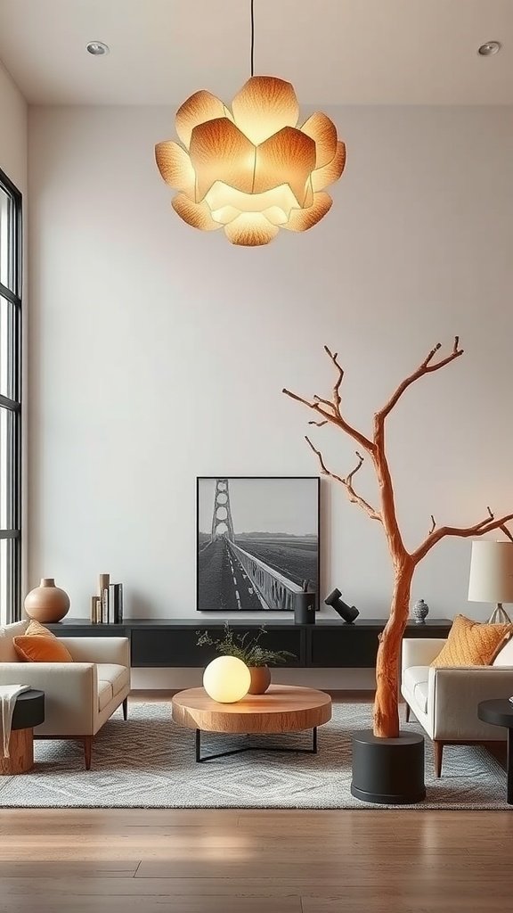 Stylish living room featuring a sculptural lighting fixture with a natural motif, complemented by earthy decor.