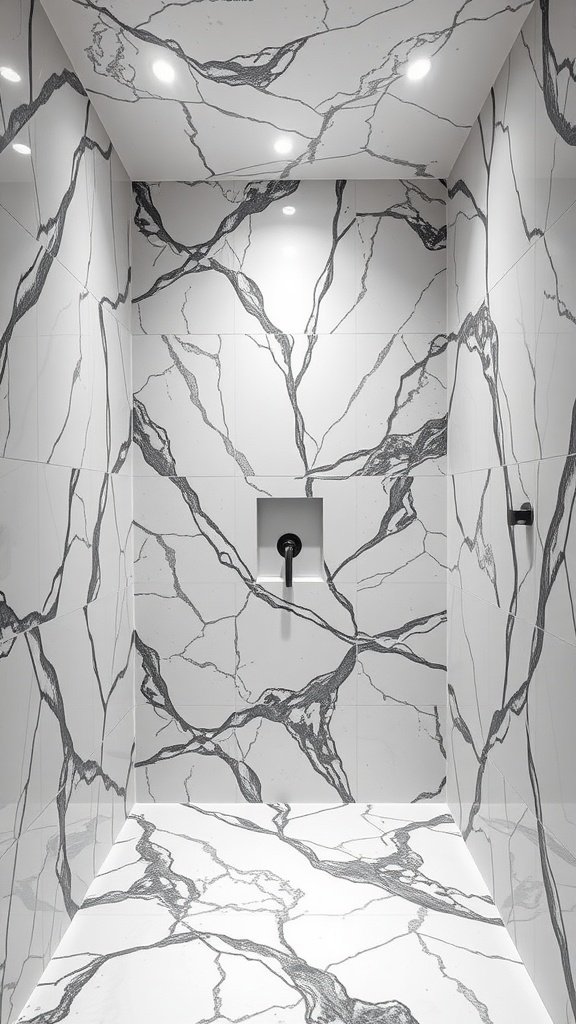 A modern shower featuring sculptural marble designs with bold black and white veining.