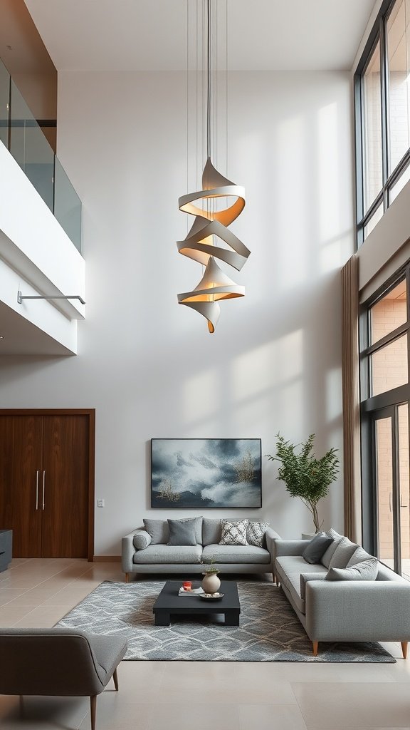 A modern double-height living room featuring a sculptural pendant light, grey sofas, and a stylish coffee table.