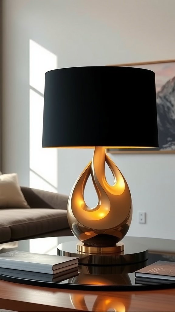 A stylish sculptural table lamp featuring a unique design and a black shade, placed on a coffee table with books.