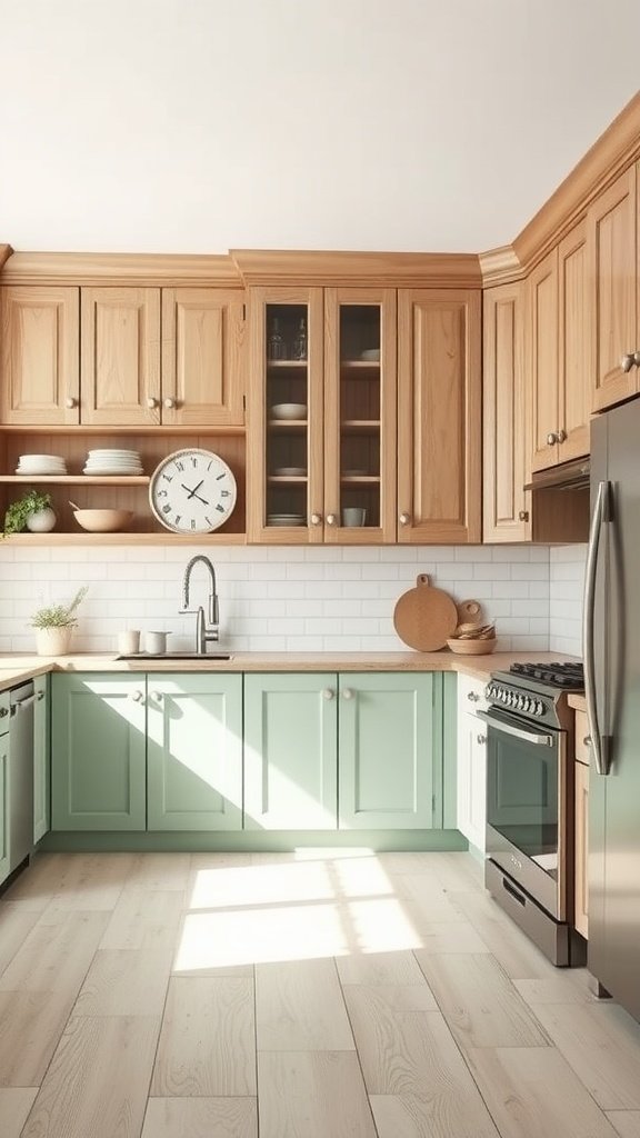 A kitchen featuring seafoam green cabinets and driftwood accents.
