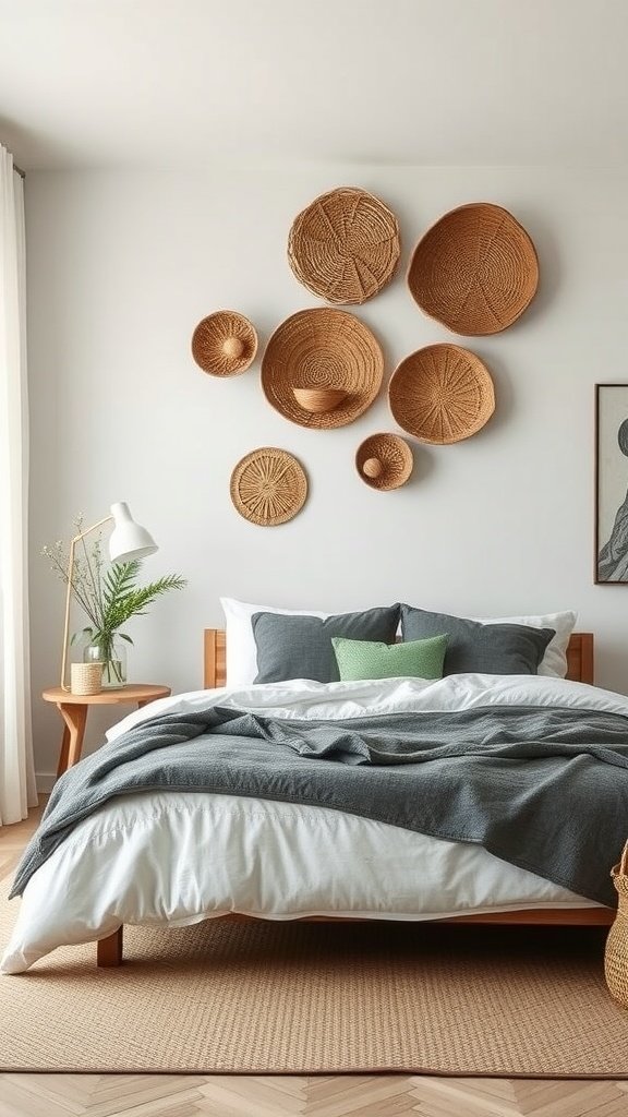 A collection of seagrass wall baskets displayed on a wall above a bed.