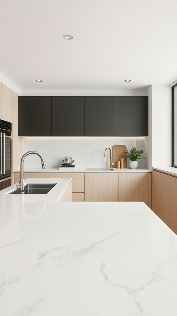 A modern kitchen with seamless white marble countertops and minimalist design.