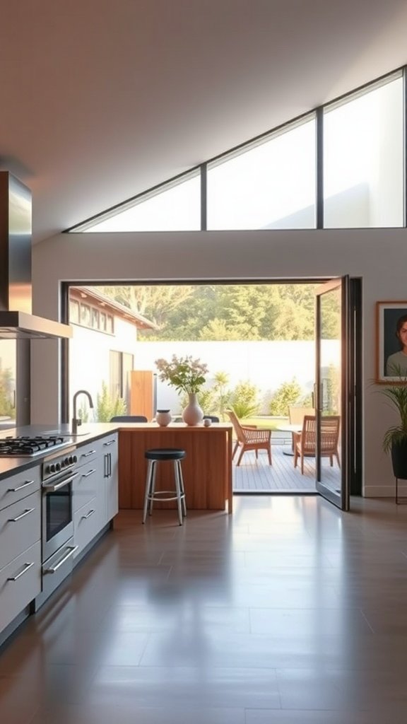 Modern kitchen with large glass doors opening to an outdoor deck.