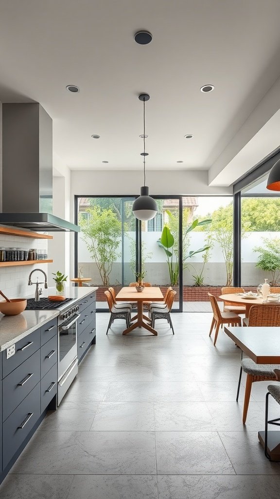 A modern open kitchen with a seamless transition to an outdoor area, featuring large glass doors and stylish furniture.