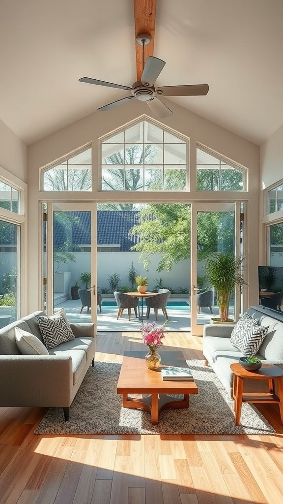 A bright and airy living room with large windows leading to an outdoor patio, featuring modern furniture and warm wooden accents.