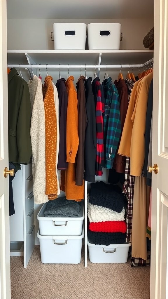 A well-organized closet with seasonal clothing neatly arranged.