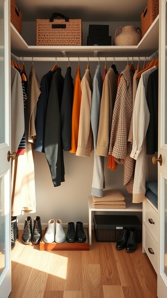 Organized walk-in closet with seasonal clothing arrangement.