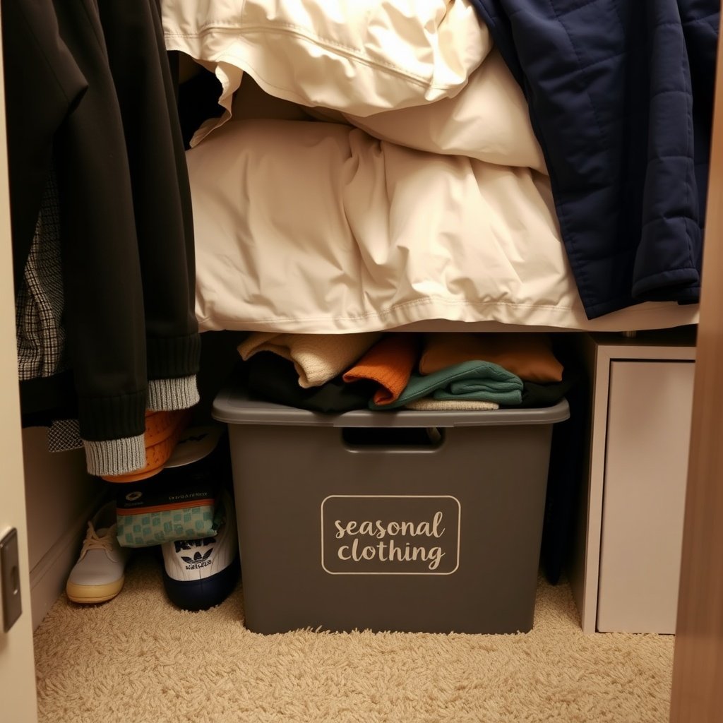 A cozy bedroom with a bed and a labeled storage bin for seasonal clothing underneath.