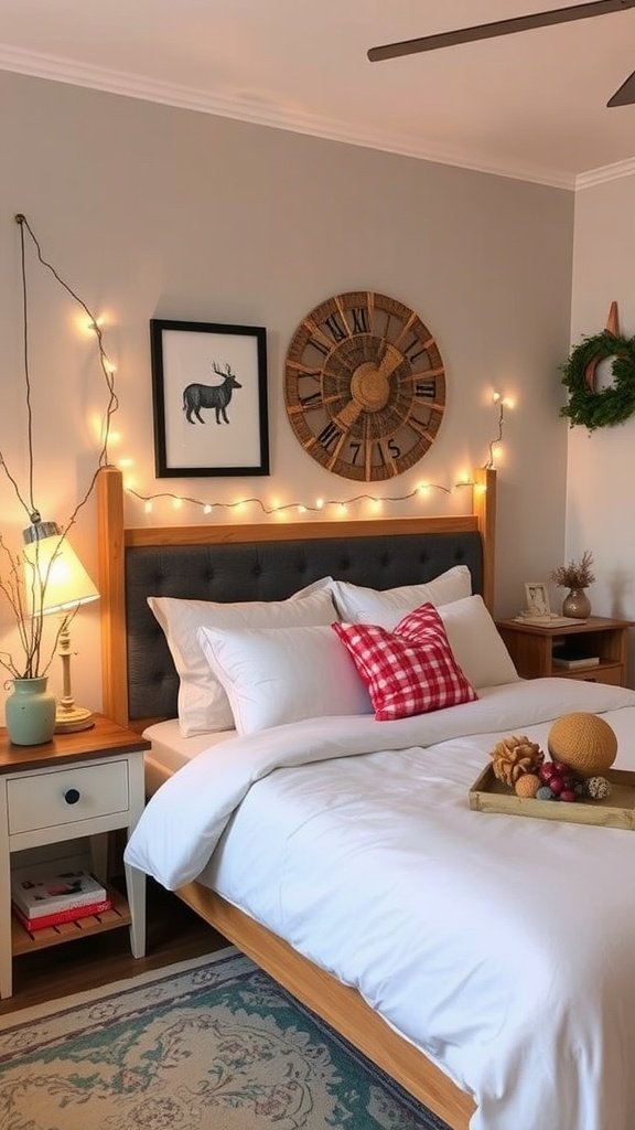 A cozy bedroom setup with seasonal decor including colorful pillows and autumn leaves.