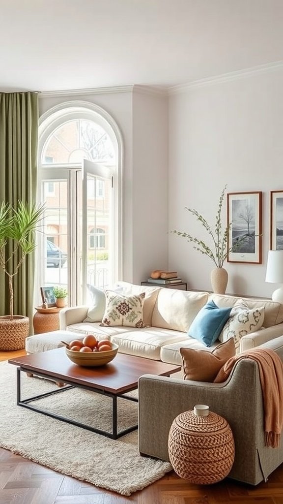 A stylish living room featuring a blend of Japandi and Scandinavian design elements.
