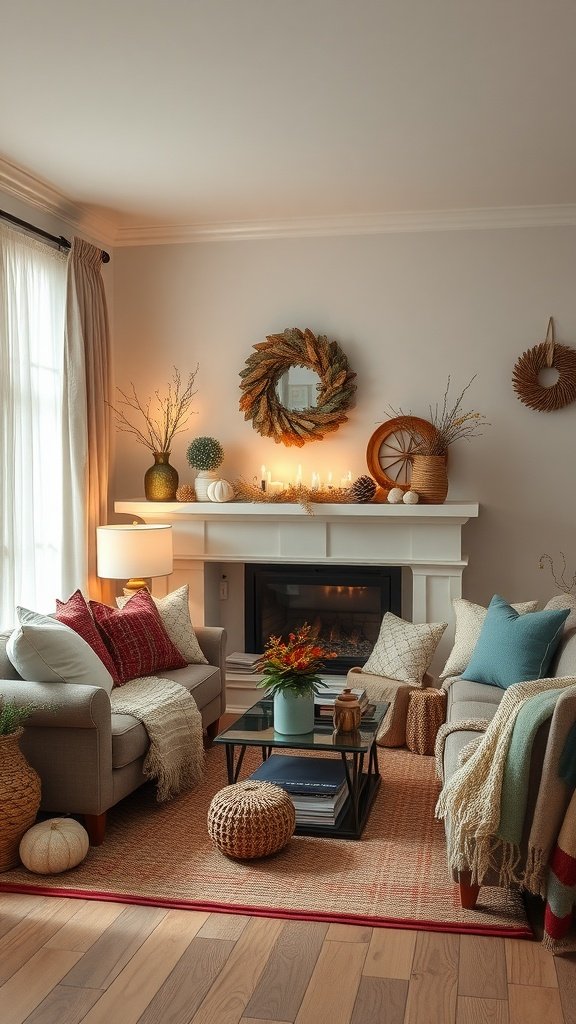 A cozy rustic living room featuring warm colors and seasonal decor.