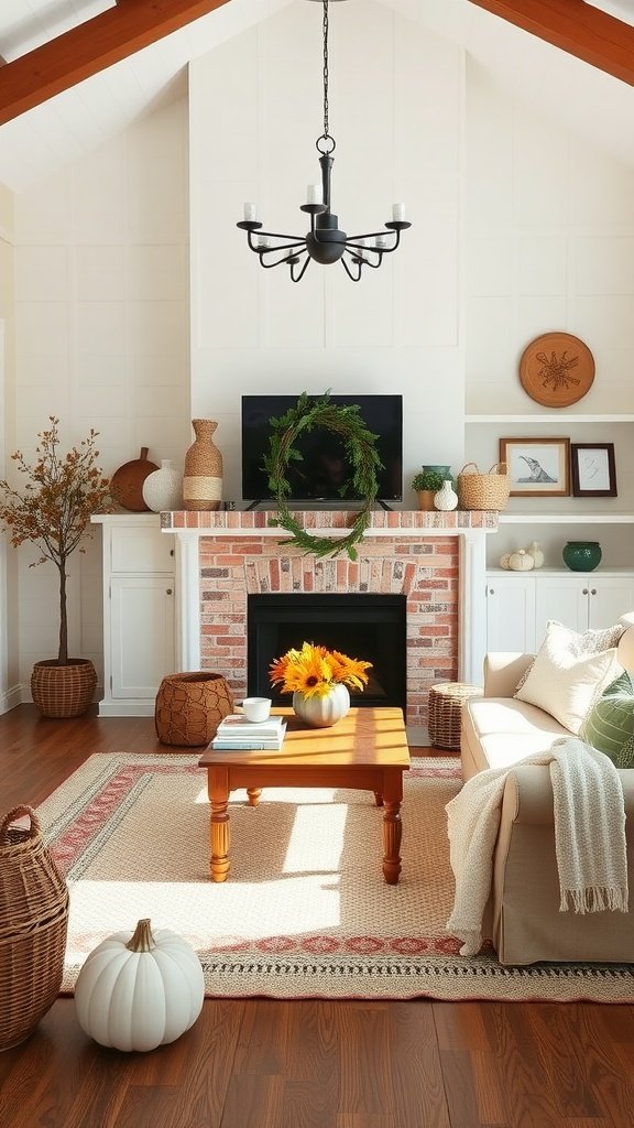 A modern farmhouse living room featuring seasonal decor with sunflowers, pumpkins, and cozy textiles.