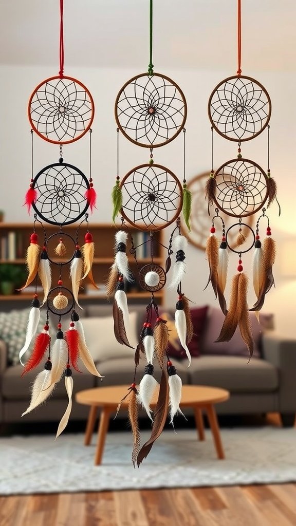A collection of colorful dreamcatchers hanging in a cozy living room.