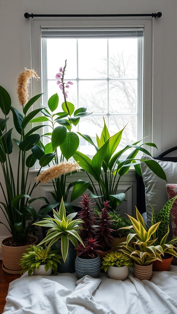 A variety of indoor plants positioned by a window in a cozy bedroom setting.