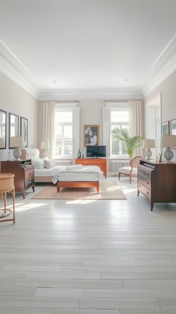 A spacious bedroom featuring furniture with legs, creating an open and airy feel.