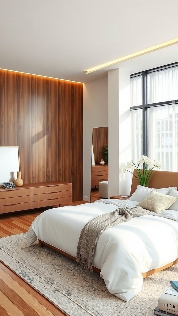 A modern bedroom with sleek furniture and a light color scheme.