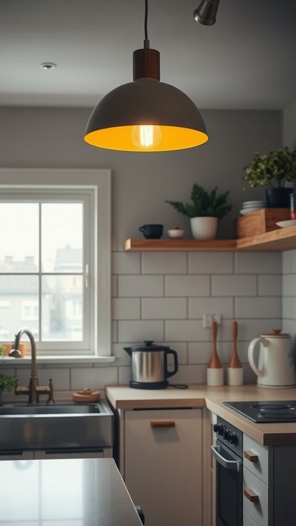A modern kitchen with a statement pendant light fixture illuminating the space.
