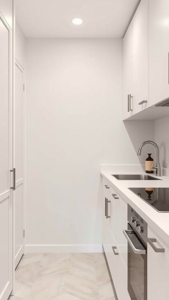 A modern small kitchen with minimalist hardware and clean lines.