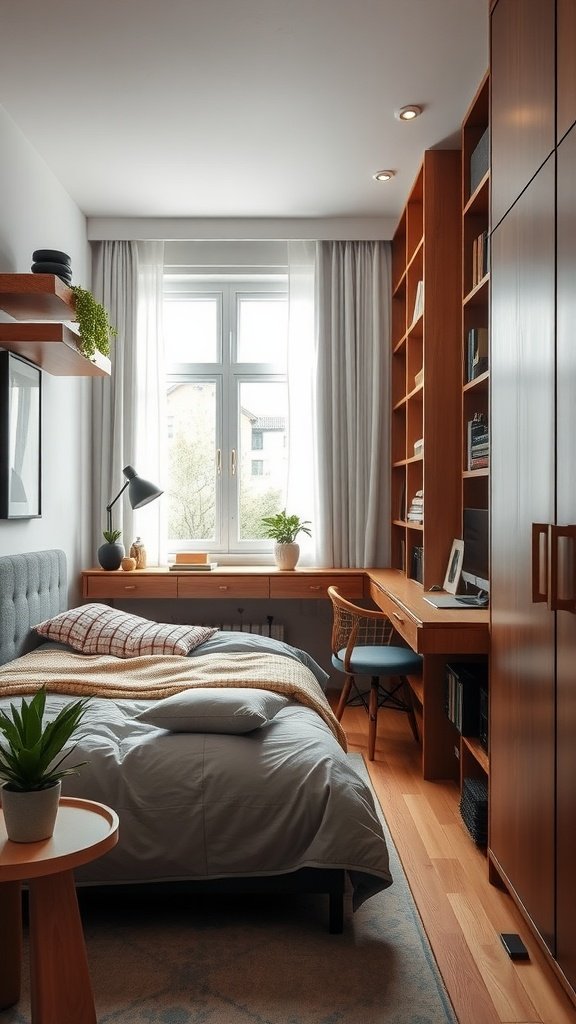 A cozy small bedroom featuring slimline furniture, including a bed, desk, and a bookshelf.