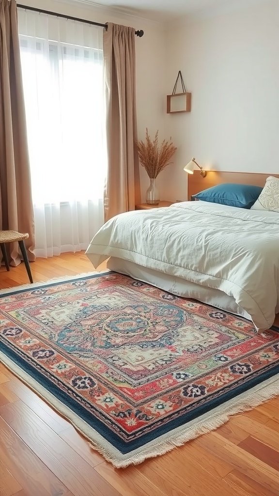 A cozy bedroom with a patterned area rug, bed, and natural light.