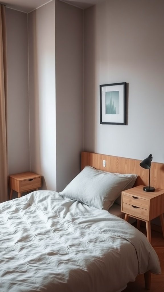 A cozy small bedroom with a bed, light gray bedding, and wooden nightstands on either side.