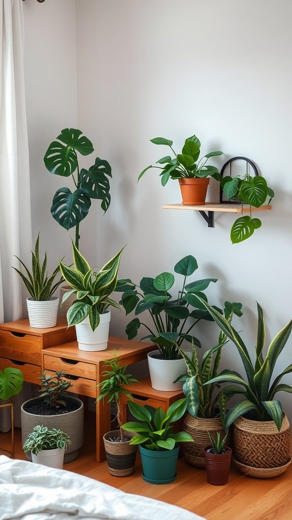 A cozy bedroom corner filled with various indoor plants, showcasing a vibrant green atmosphere.