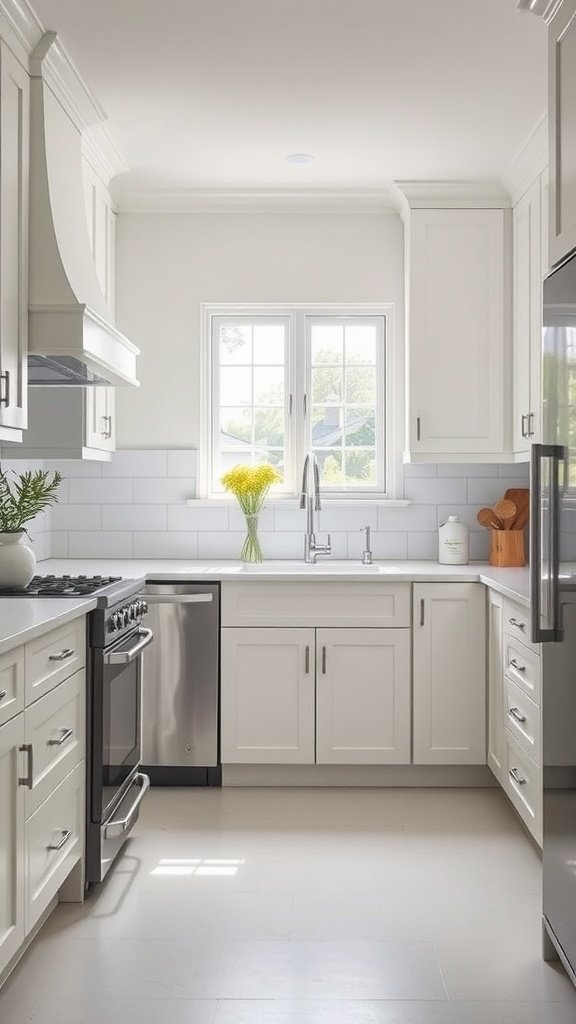 A modern kitchen with white cabinetry, stainless steel appliances, and a window showcasing natural light.