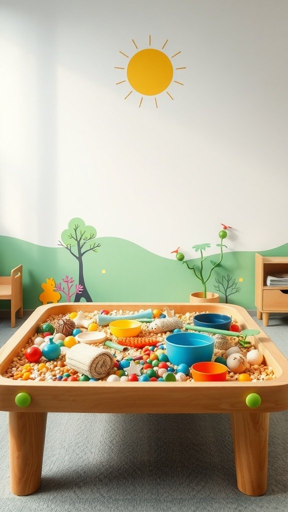 A sensory play table filled with colorful materials and safe features for toddlers.