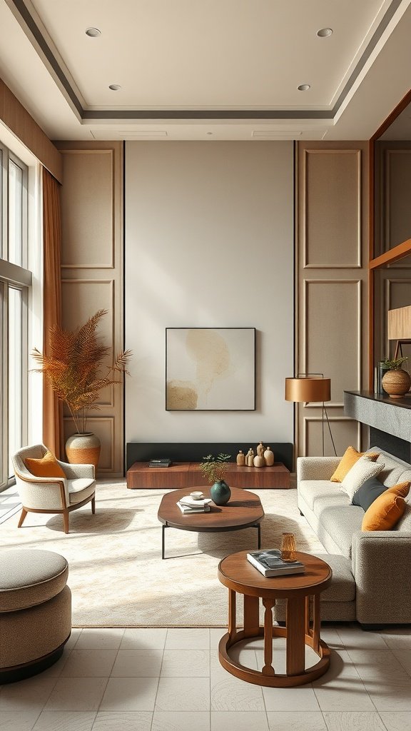 A luxurious living room featuring serene earthy tones with plush furniture and natural decor.