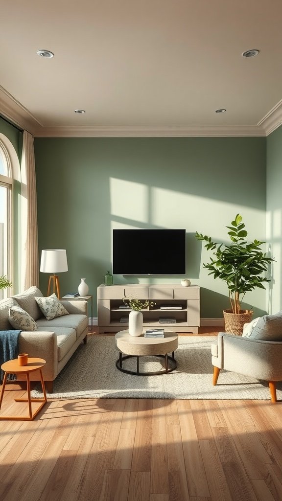 A serene sage green living room with cozy furniture and plants.
