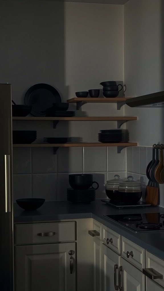Dark corner shelves in a kitchen with black dishes and wooden accents.