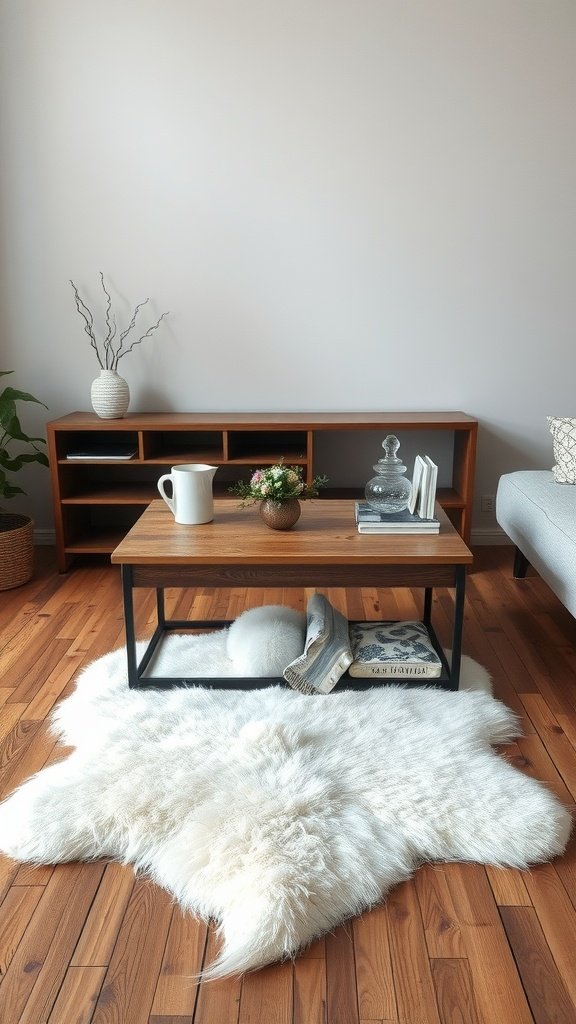 A soft, white sheepskin rug placed under a coffee table in a cozy living room setting.