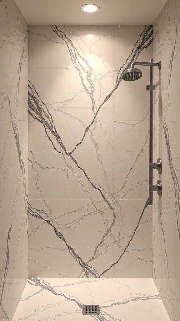 A modern shower featuring sleek marble veining on the walls.