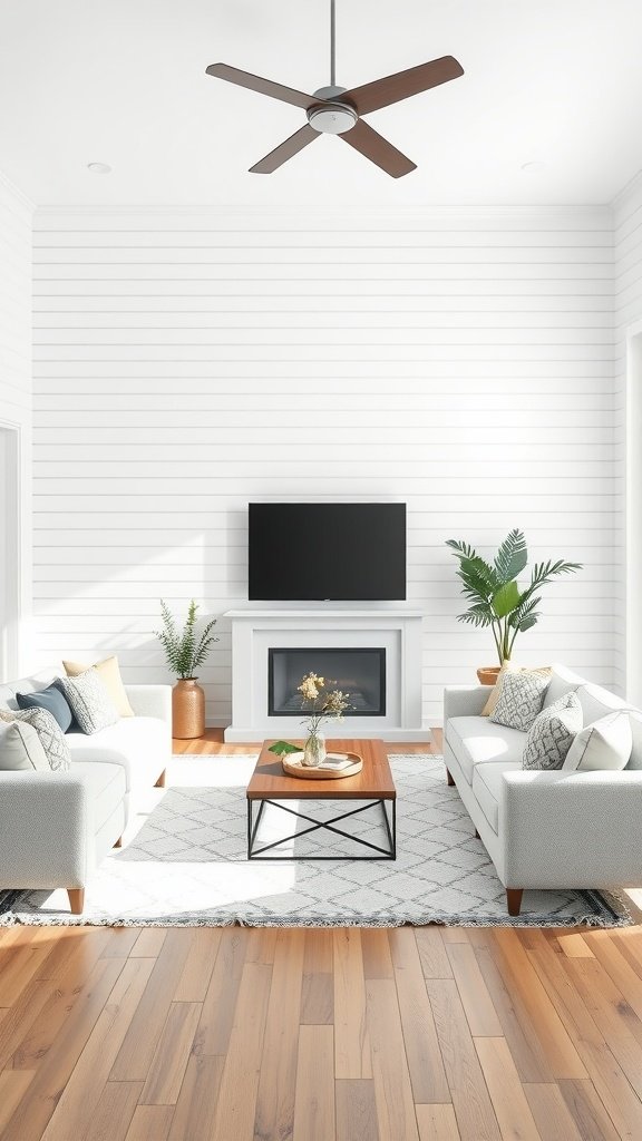 Modern living room with shiplap paneling, white sofas, and a wooden coffee table.