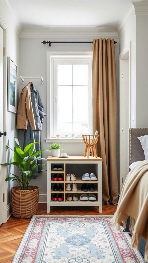 A cozy bedroom corner featuring a shoe storage cabinet with various shoes visible, surrounded by a plant and decorative elements.