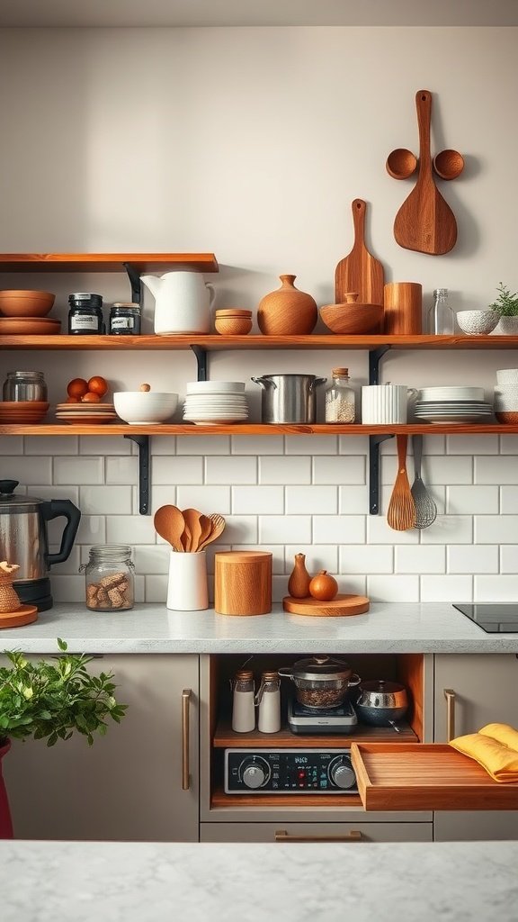 A stylish open kitchen with wooden shelves displaying dishes and utensils.
