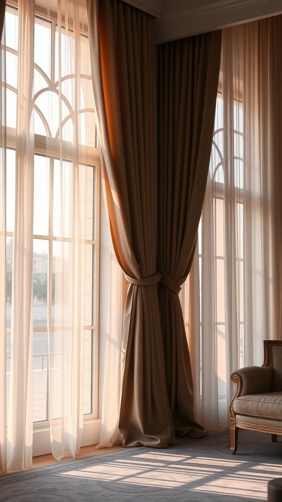 Elegant silk curtains draping a window in a cozy living room setting