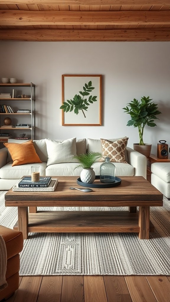 A cozy living room with a rustic wooden coffee table.