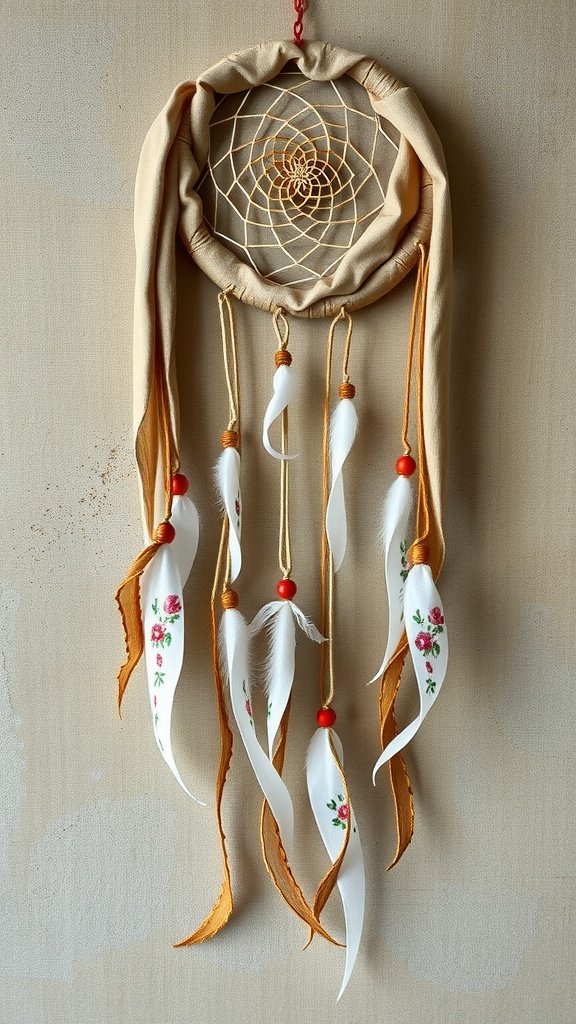 A simple fabric dreamcatcher with a soft beige frame and decorative feathers hanging down.