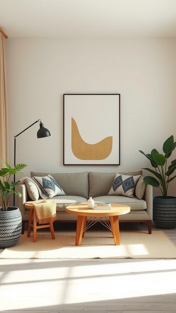 A cozy living room featuring a minimalist design with geometric patterns on cushions and artwork.