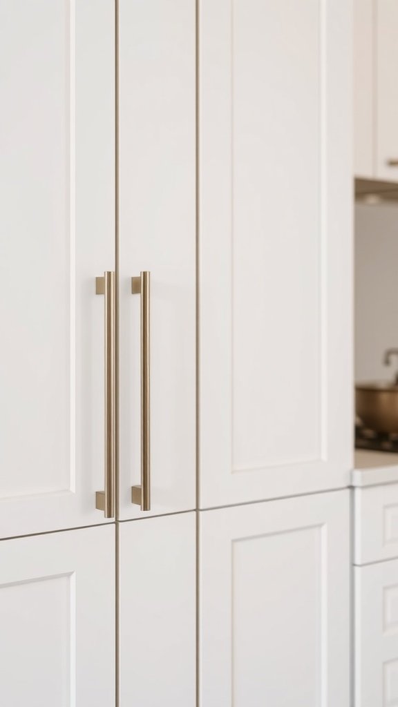 Minimalist kitchen cabinet handles in gold on white cabinetry