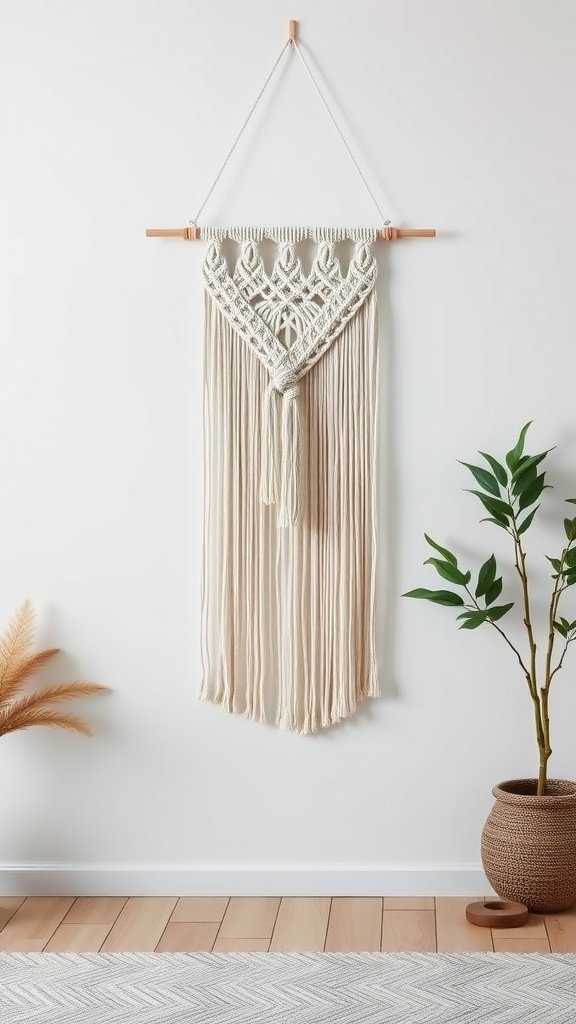 A simple knot macramé wall hanging with a wooden rod, featuring fringes and a clean design, accompanied by a potted plant.
