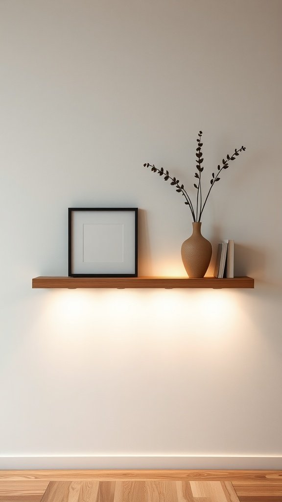 A minimalist floating shelf with soft lighting, a vase, a framed picture, and books on a light wall.