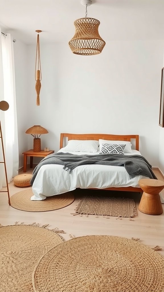 A cozy bedroom featuring sisal floor mats in earthy tones.